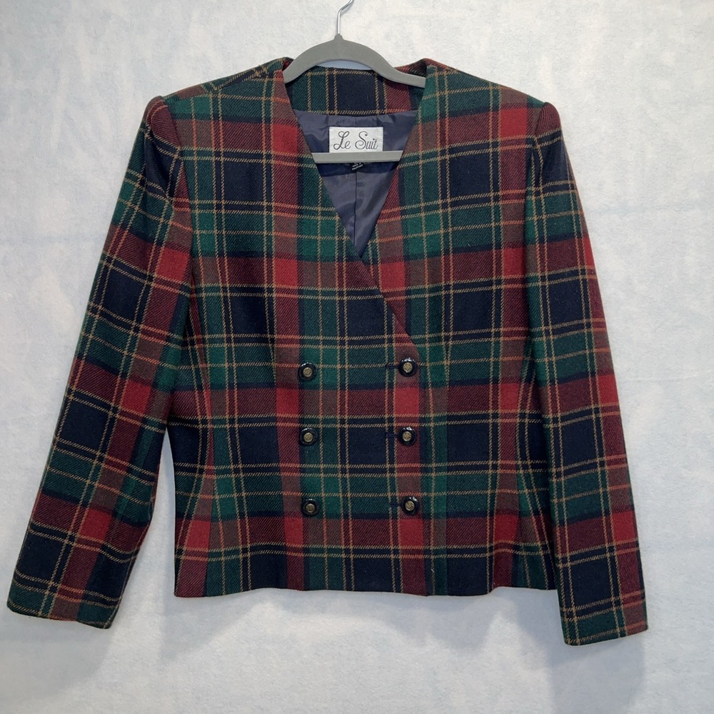 Le Suit Blazer Womens Vintage Size 12 Green Red Multi Wool Blend Double Breasted